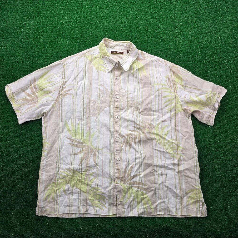 Cubavera Hawaiian Shirt Mens 2XL Beige 100% Linen Button Up Beach Tropical Camp‎
